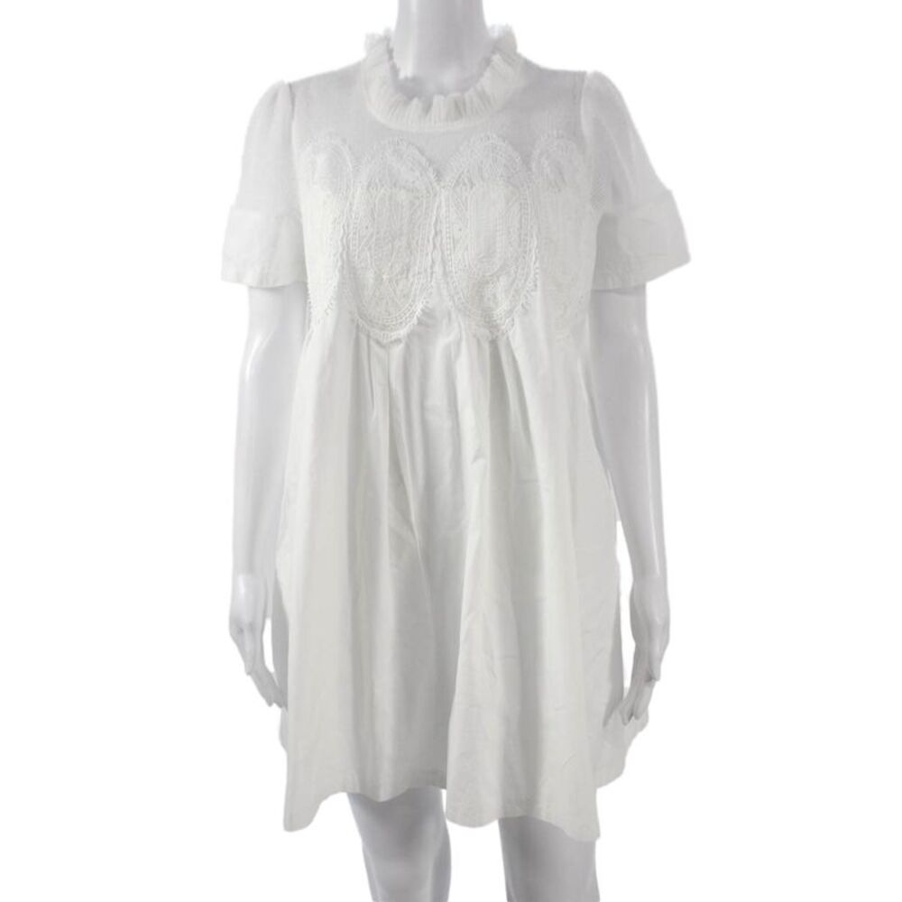 Designer Women Trapeze Swing Dress White High Neck Short Sleeve Midi Size S